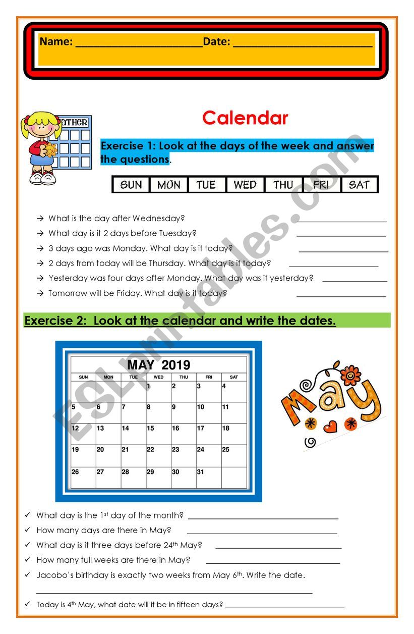 calendar worksheet year 5