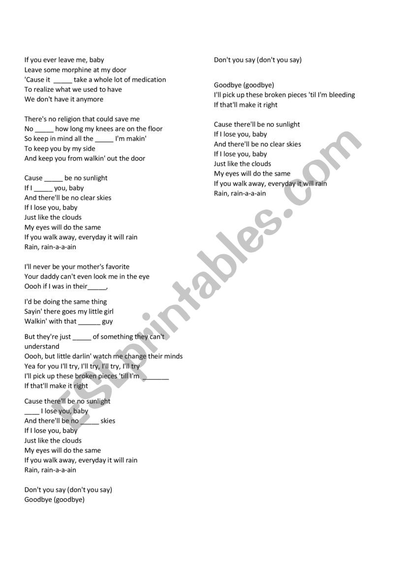 It will rain - Bruno Mars worksheet