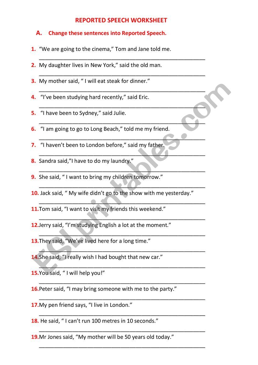 Reported Speech worksheet