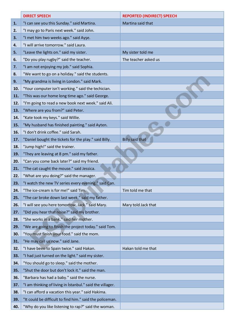 Reported Speech exercises (from direct to indirect)