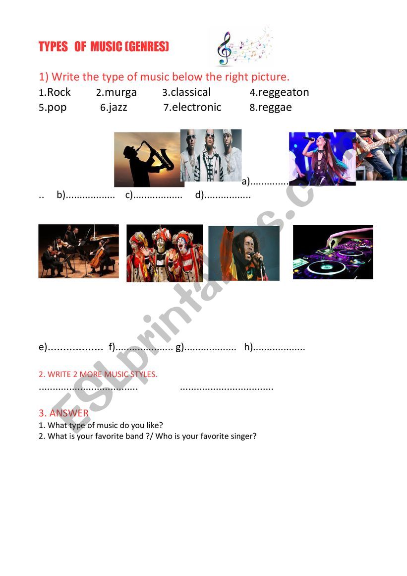 music styles worksheet