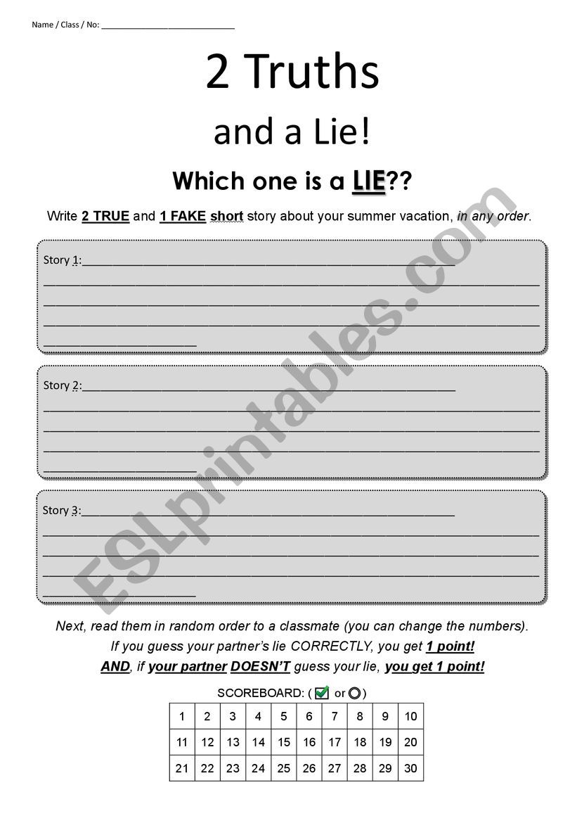 2 Truths & A Lie Game Worksheet