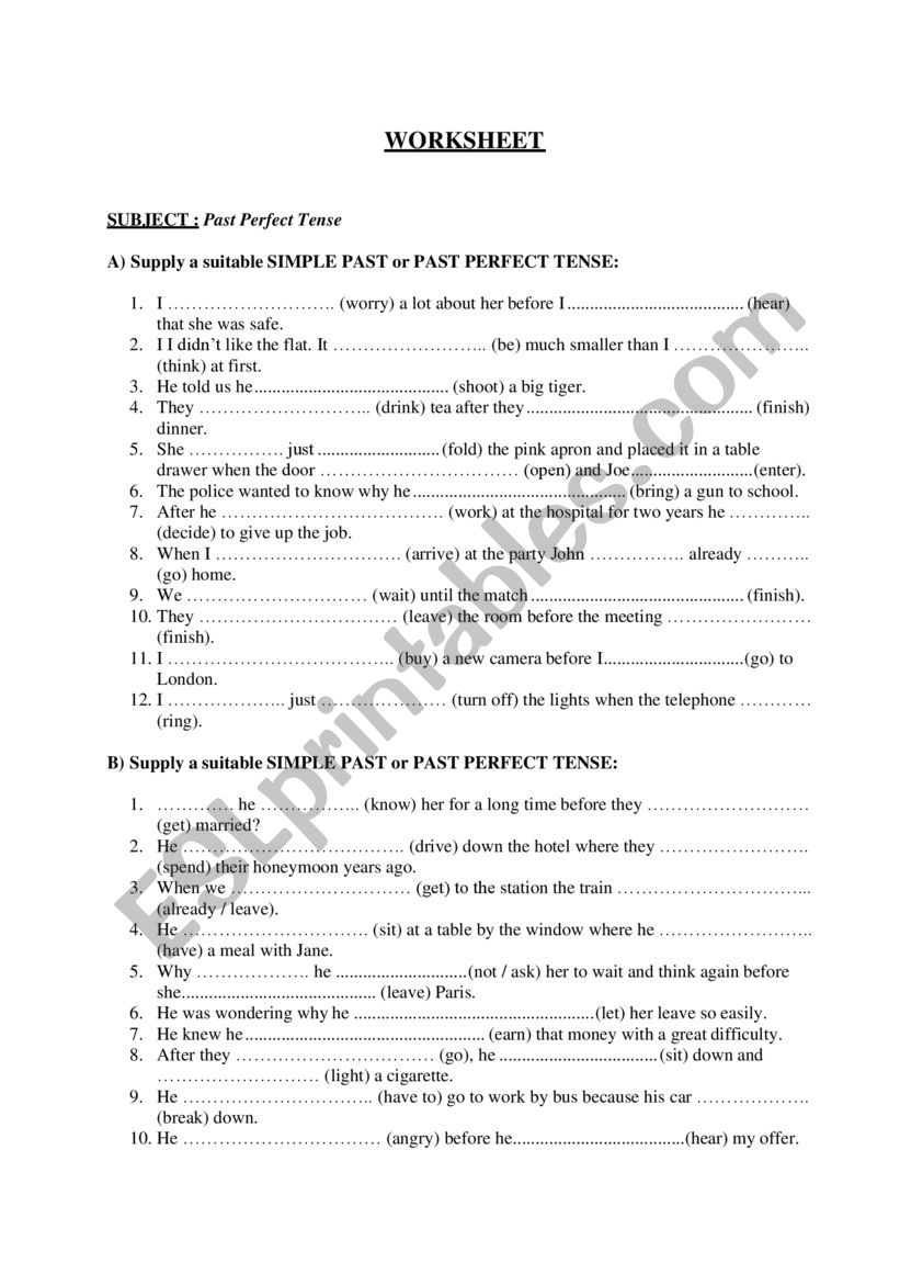 Past perfect and simple past worksheet
