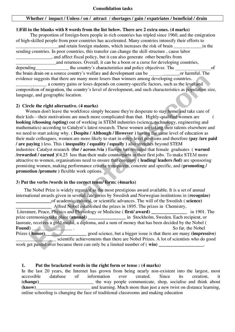 consolidation tasks  worksheet