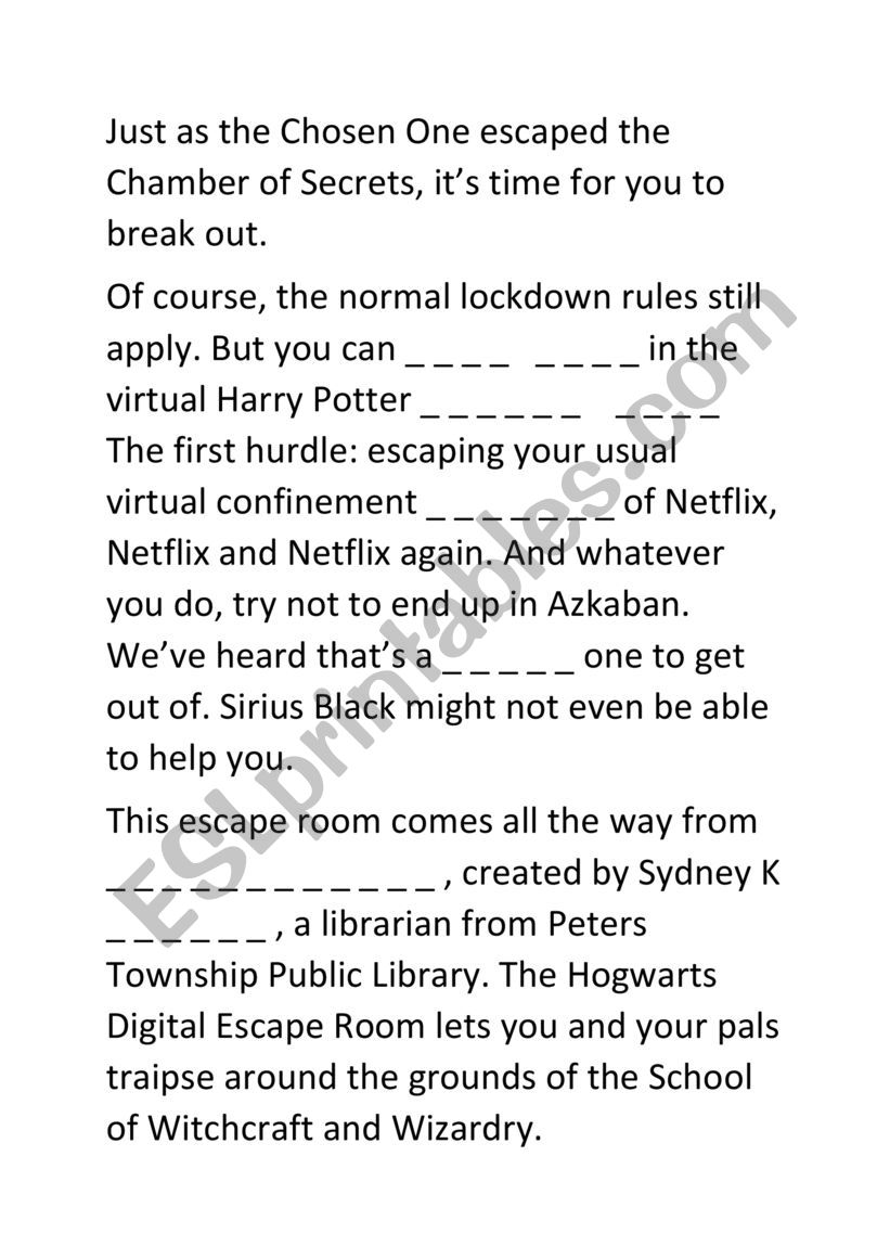 Harry Potter Escape room worksheet