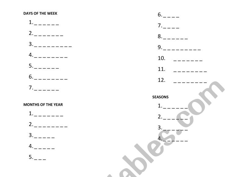 Days, Months, Seasons worksheet