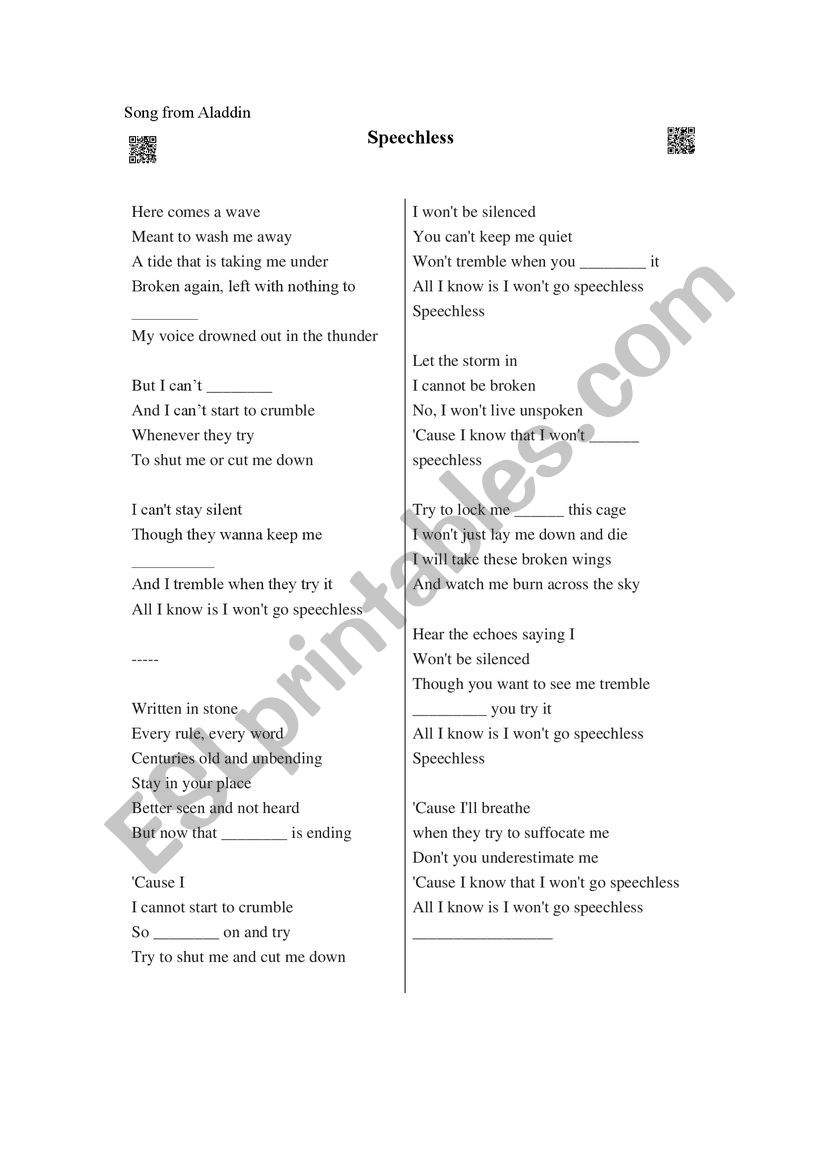 Speechless_song from Aladdin worksheet