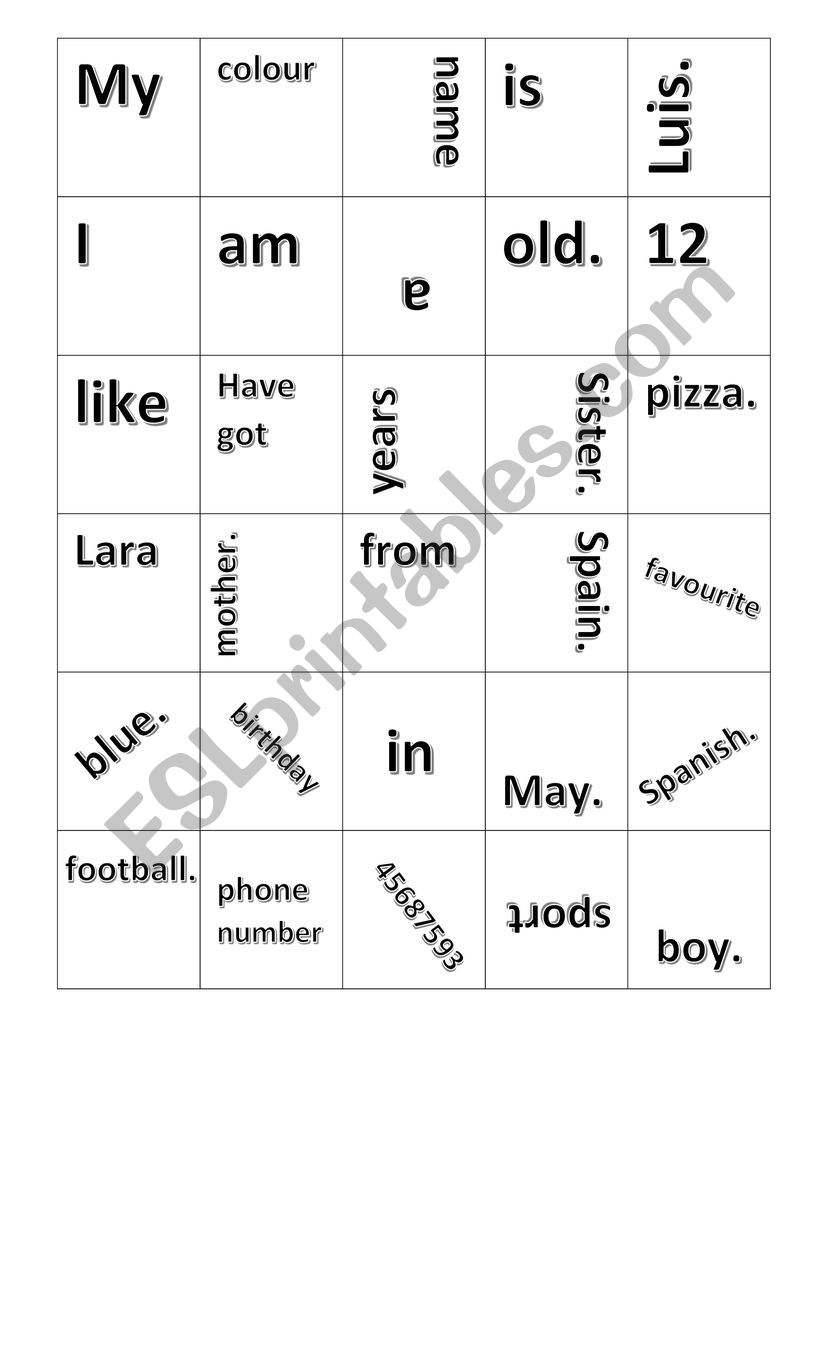 sentences game worksheet