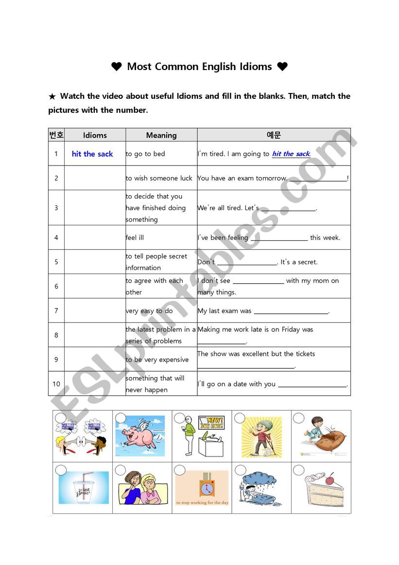 Most Common English Idioms worksheet