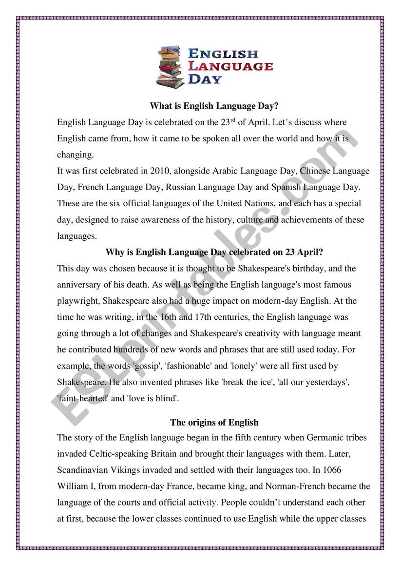 English Language Day worksheet