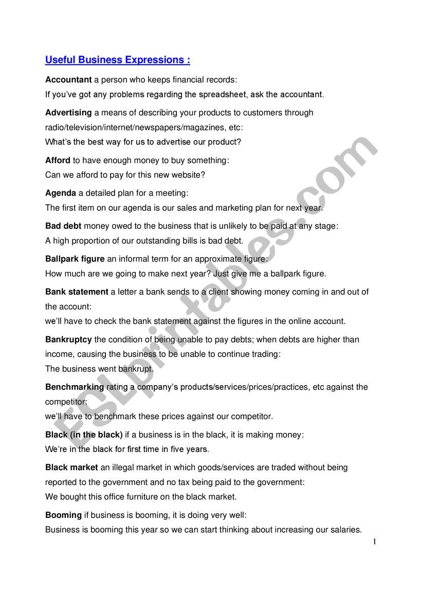 Useful Business Expressions  worksheet