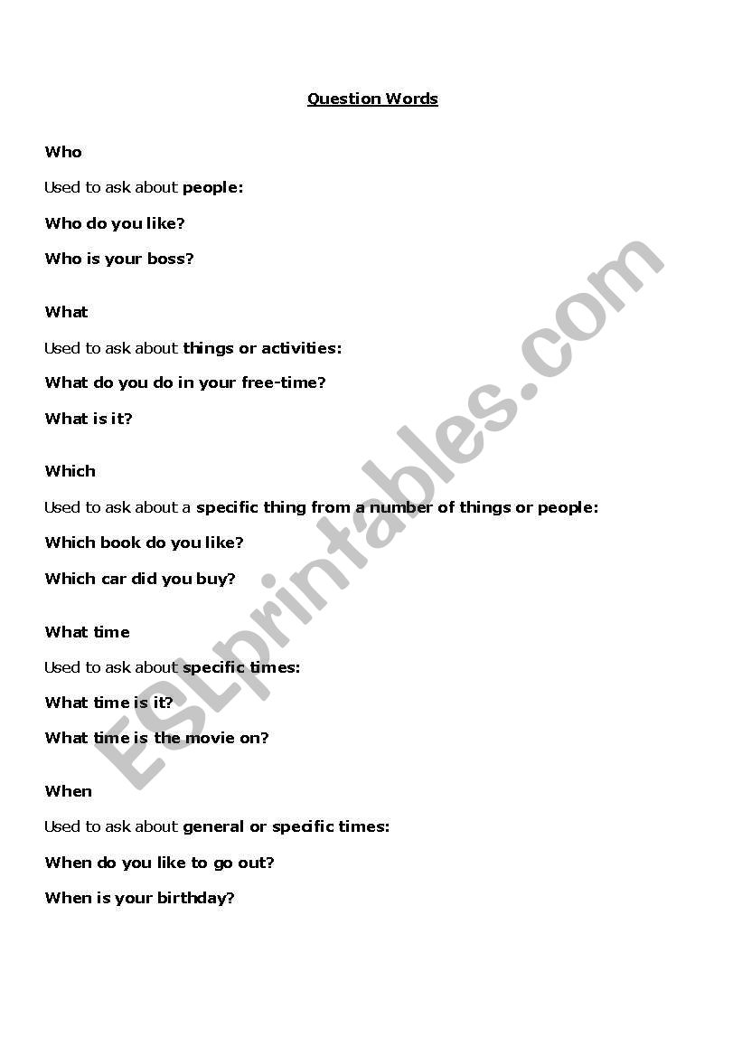 Question words worksheet