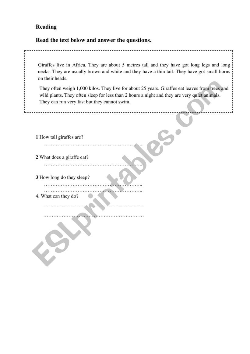 Reading about animals worksheet