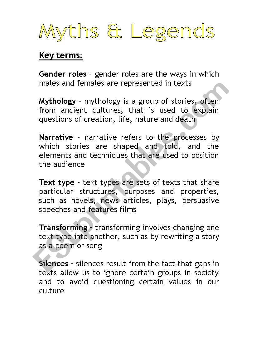 Myths and Legends Key Terms worksheet