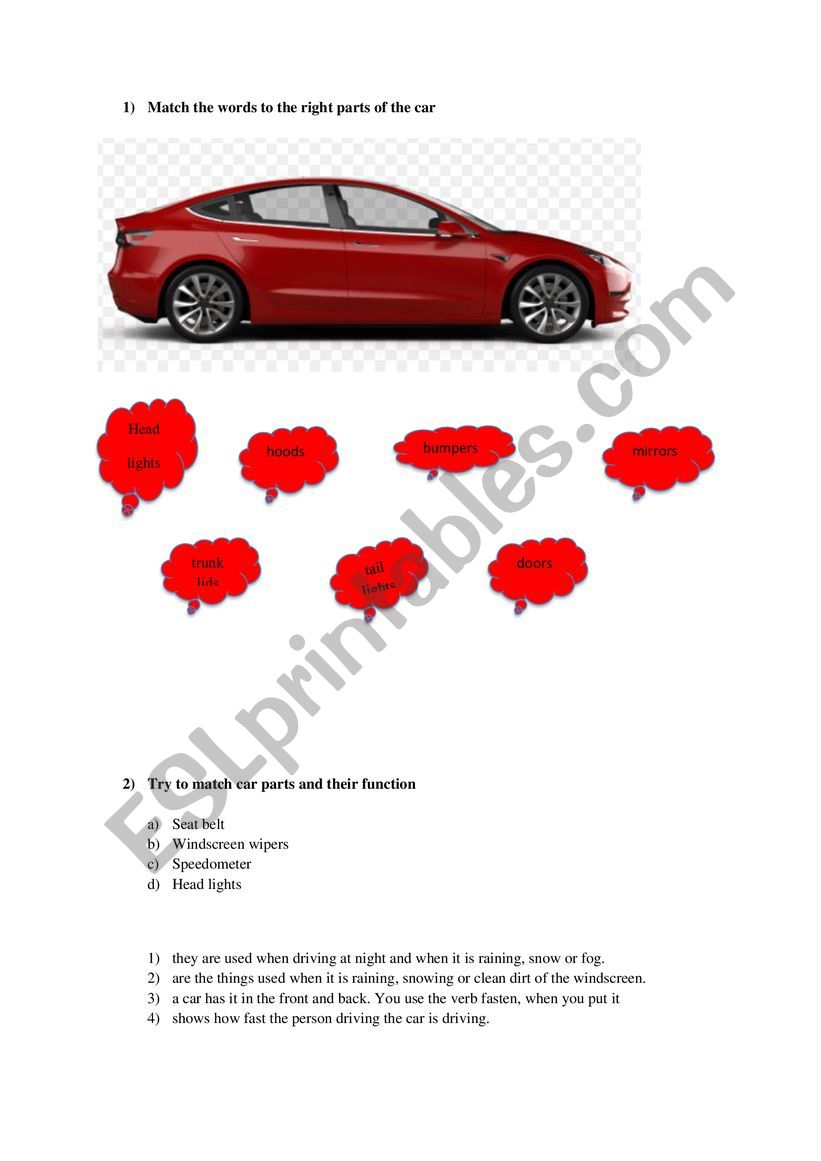 car parts worksheet