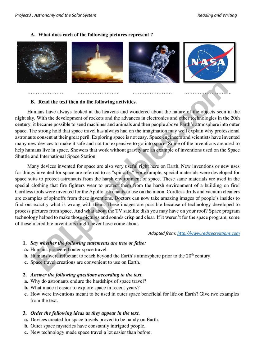 Space exploration worksheet