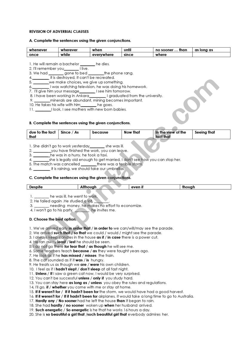 ADVERBIAL CLAUSES worksheet