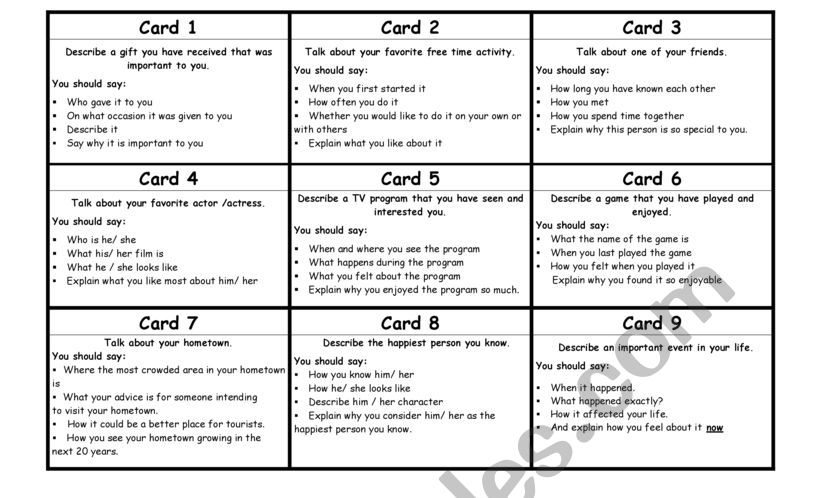 Cards for speaking  worksheet