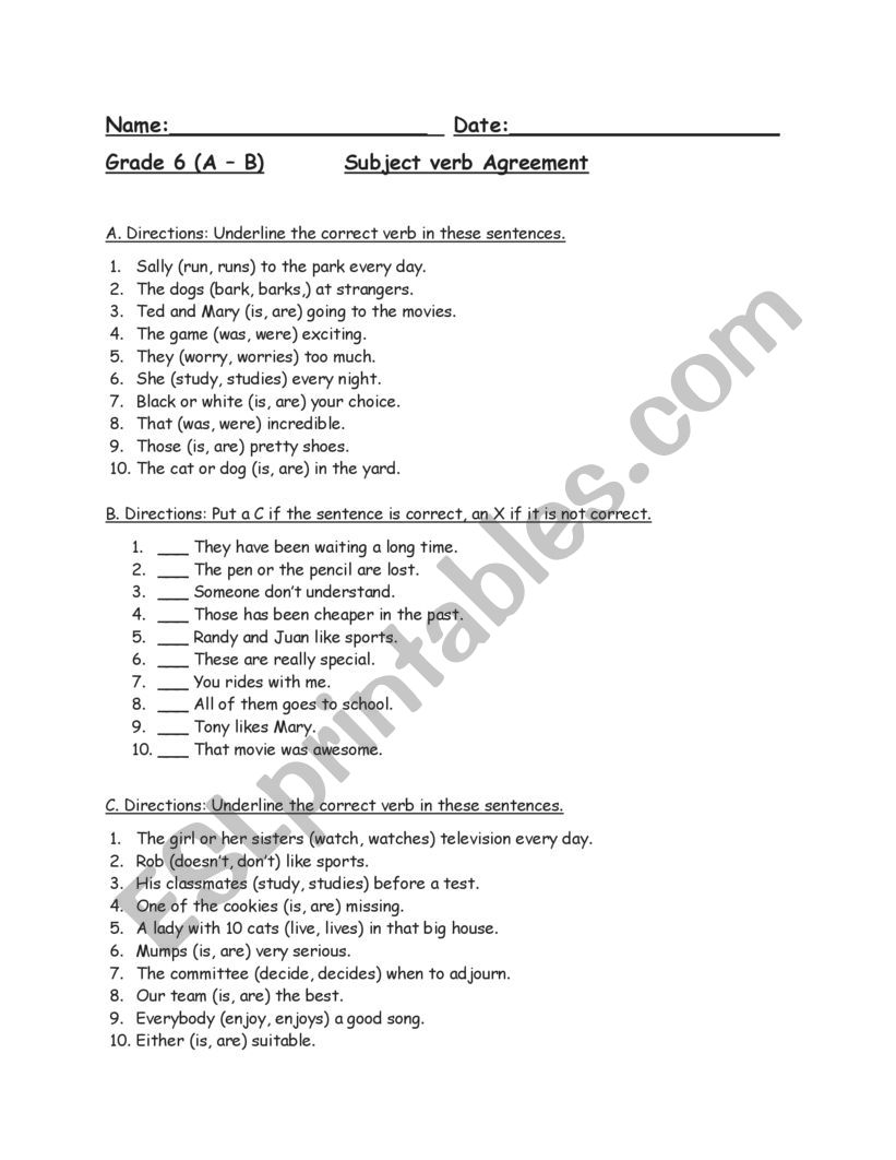 Subject verb agreement  worksheet