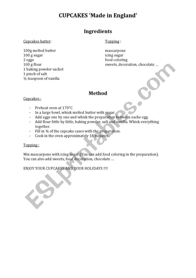 Cupcakes recipe worksheet