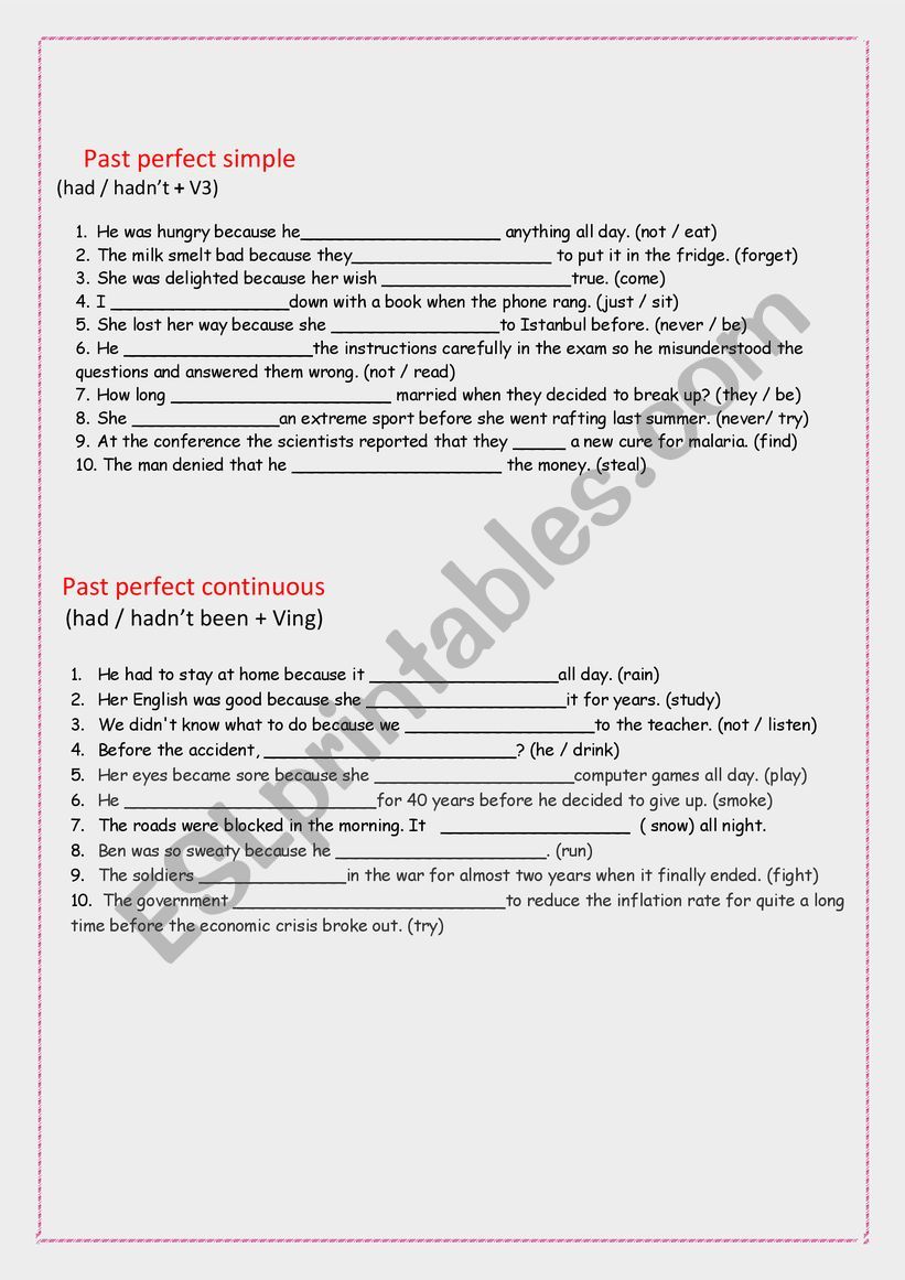 Past tenses revision worksheet