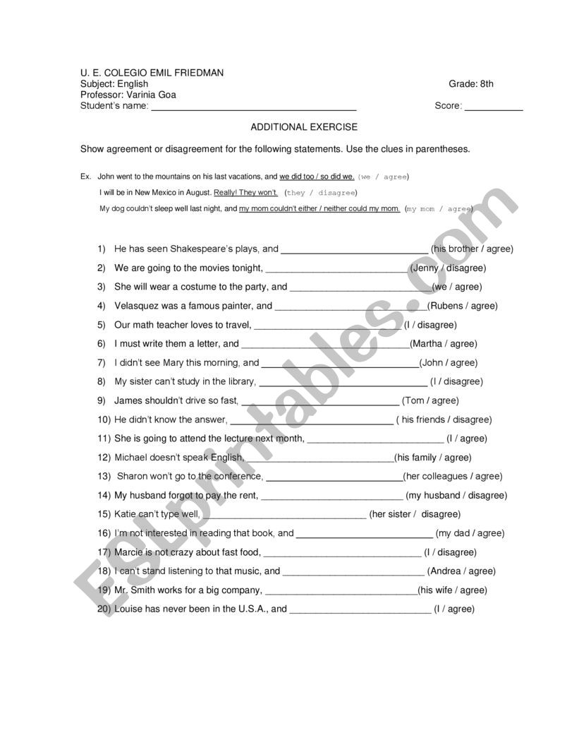 Agreeing and disagreeing worksheet