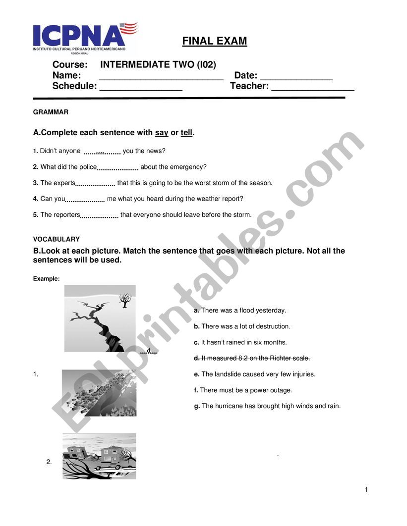 Intermediate 2 test worksheet