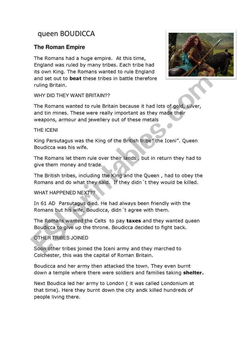 Queen Boudicca Reading Comprehension