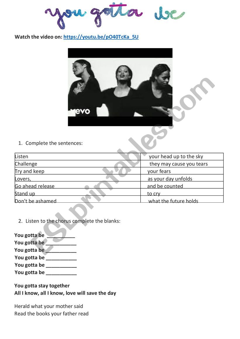 You Gotta Be - Song Activity worksheet