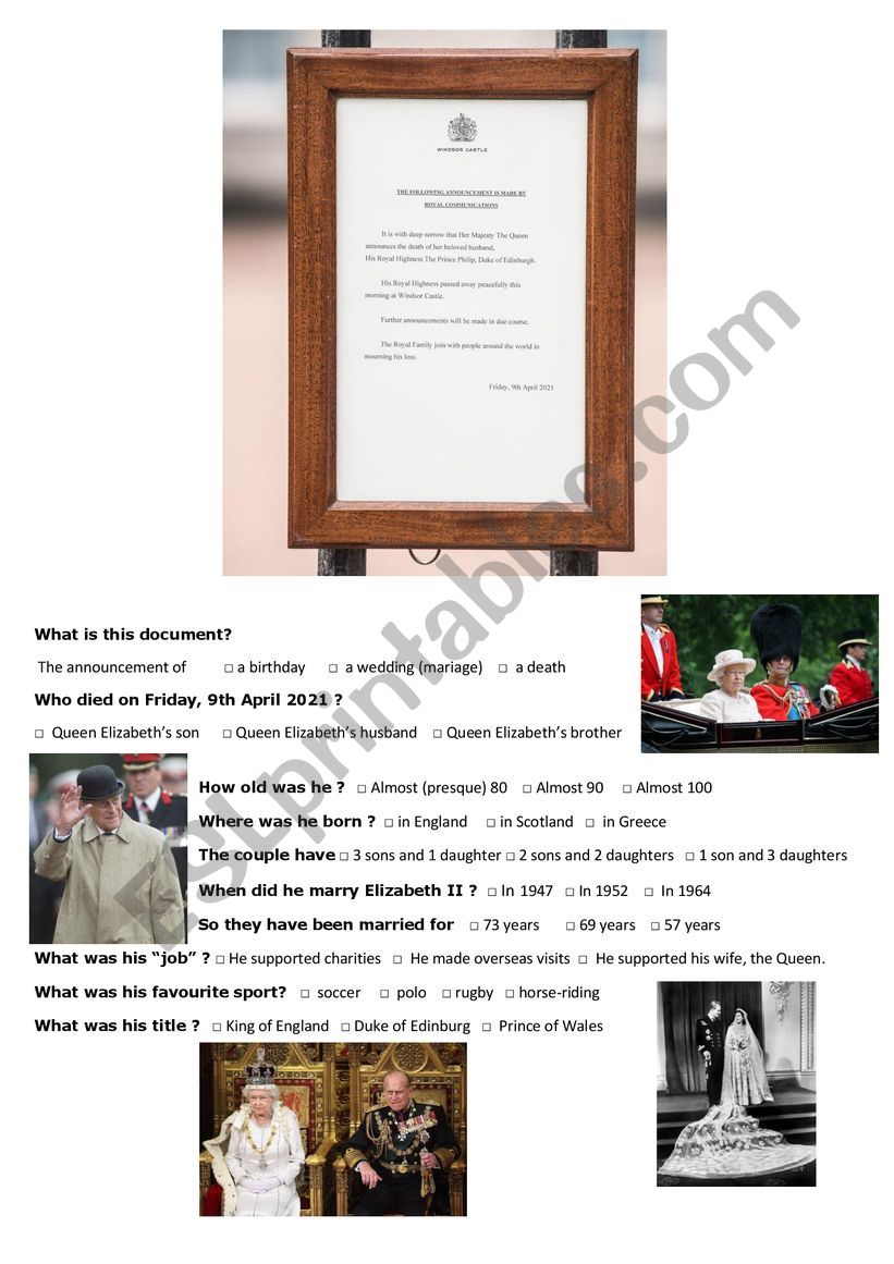 PRINCE PHILIP QUIZ worksheet