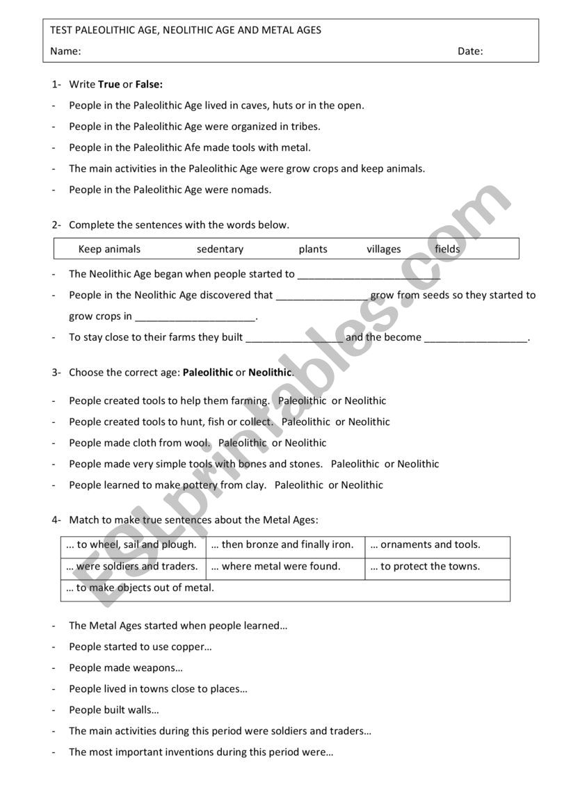 Test Prehistory worksheet