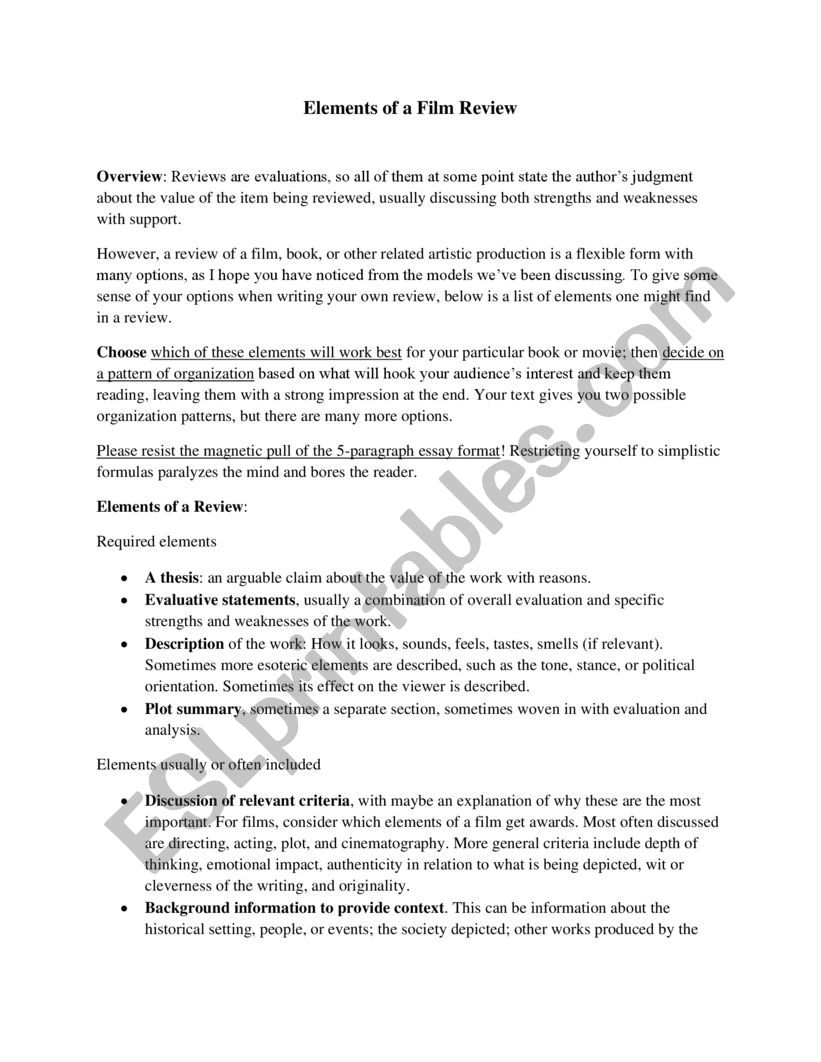 Elements of a Movie Review worksheet
