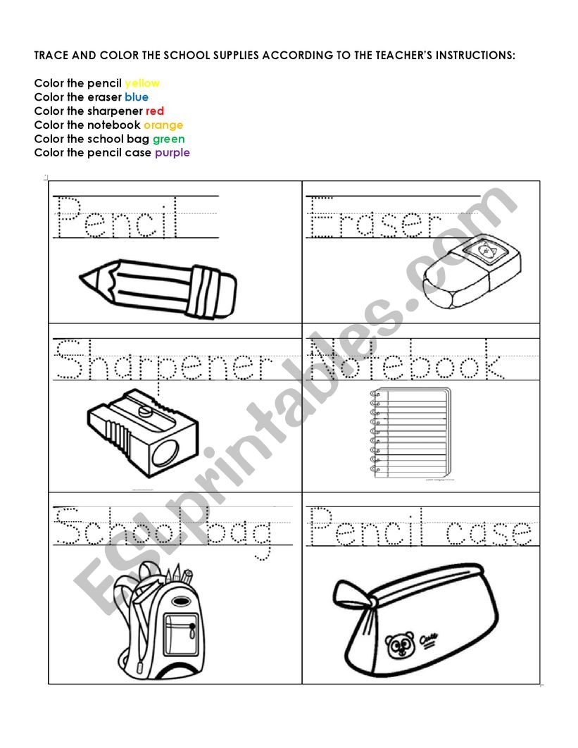 School supplies tracing and coloring activity