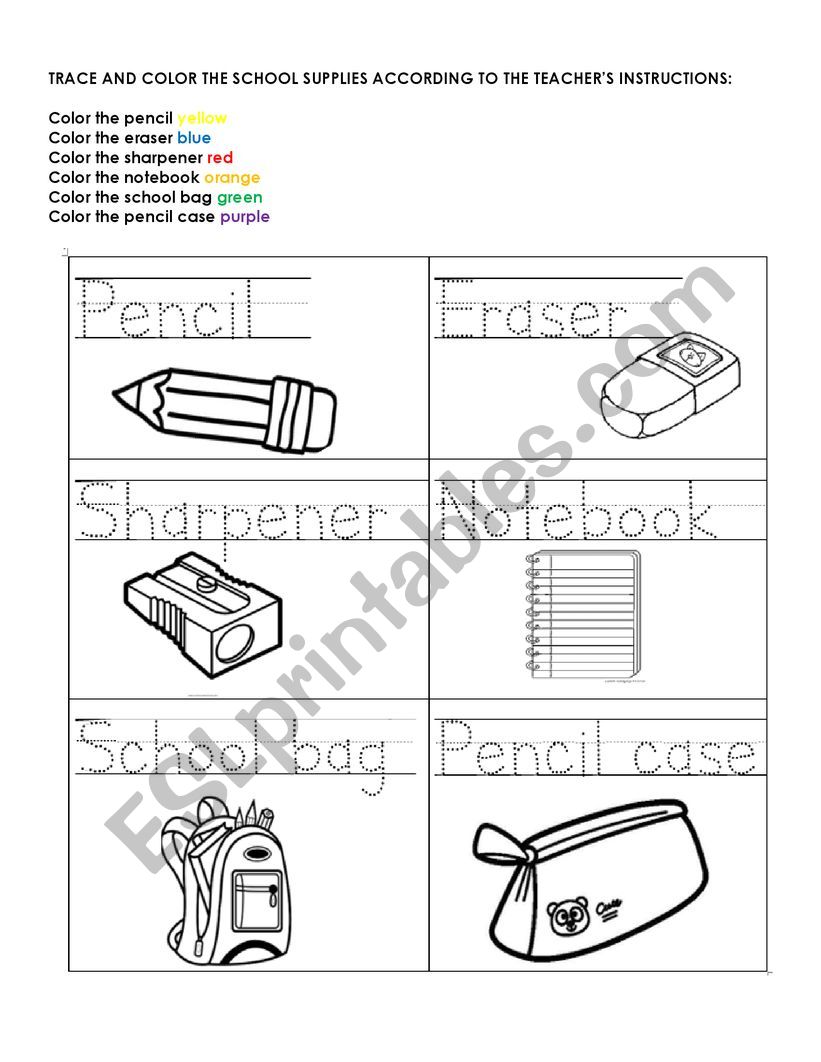 School supplies tracing and coloring activity