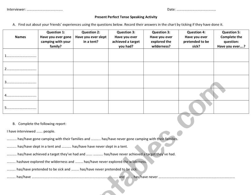 Interview Activity Using Present Perfect Tense