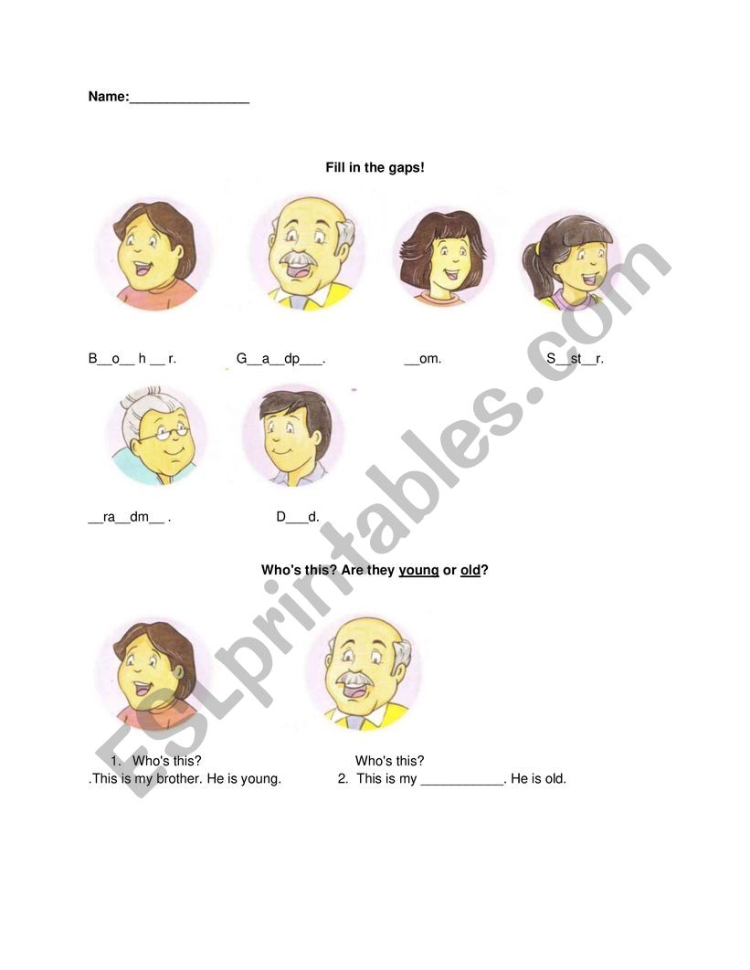 Family members worksheet young-younger old-older