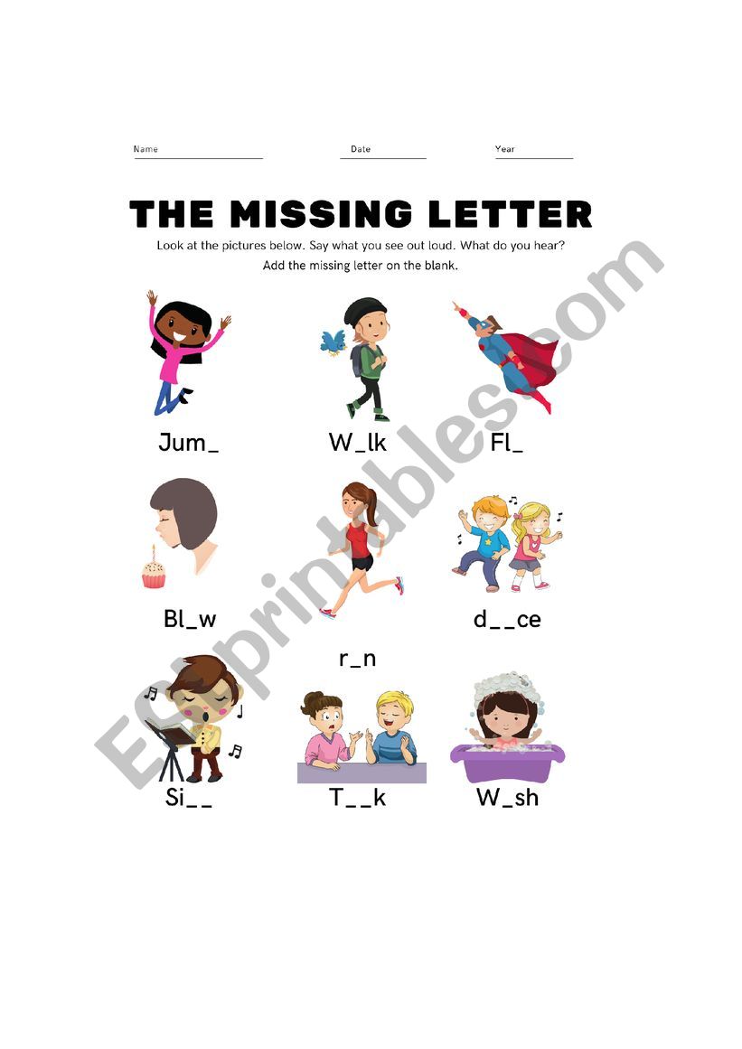 Sing movie, Action words and Animals missing letters