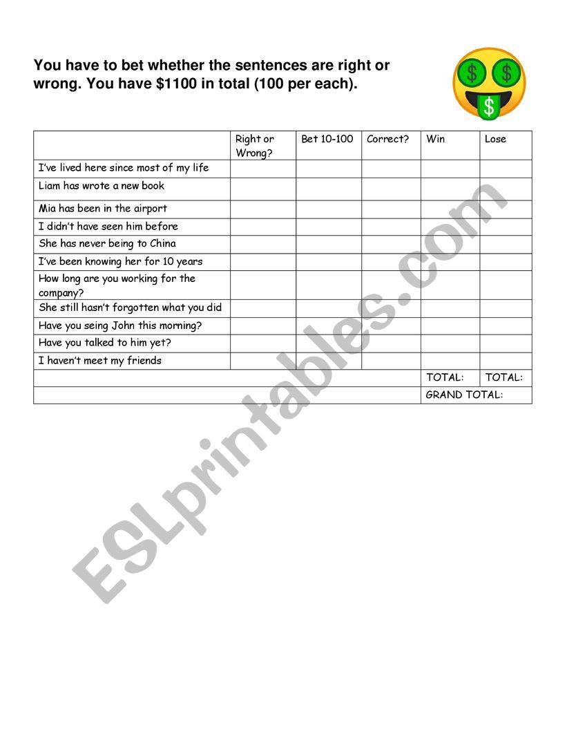 Bet-Present Perfect worksheet