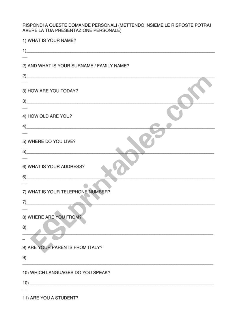 Personal information worksheet
