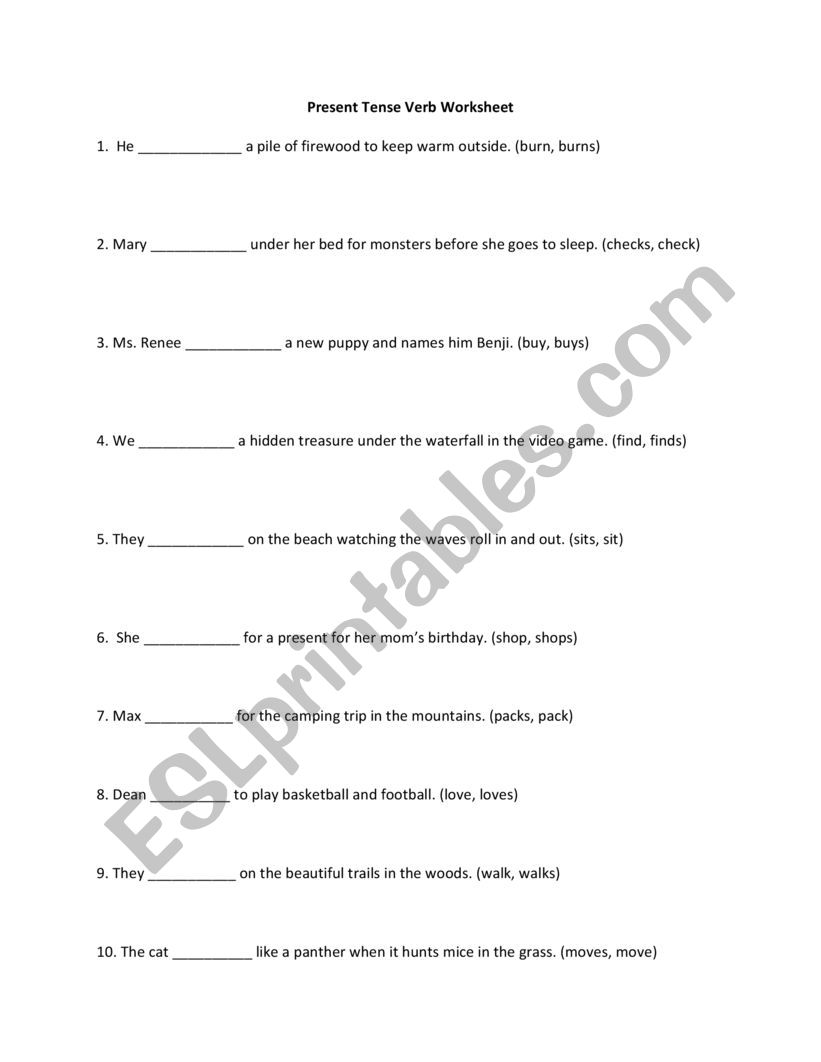 Present Tense Verb Worksheet worksheet