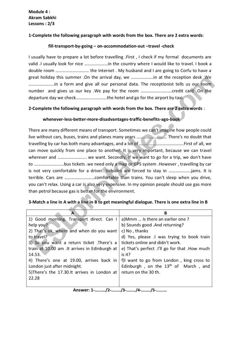 transport and accommodation worksheet