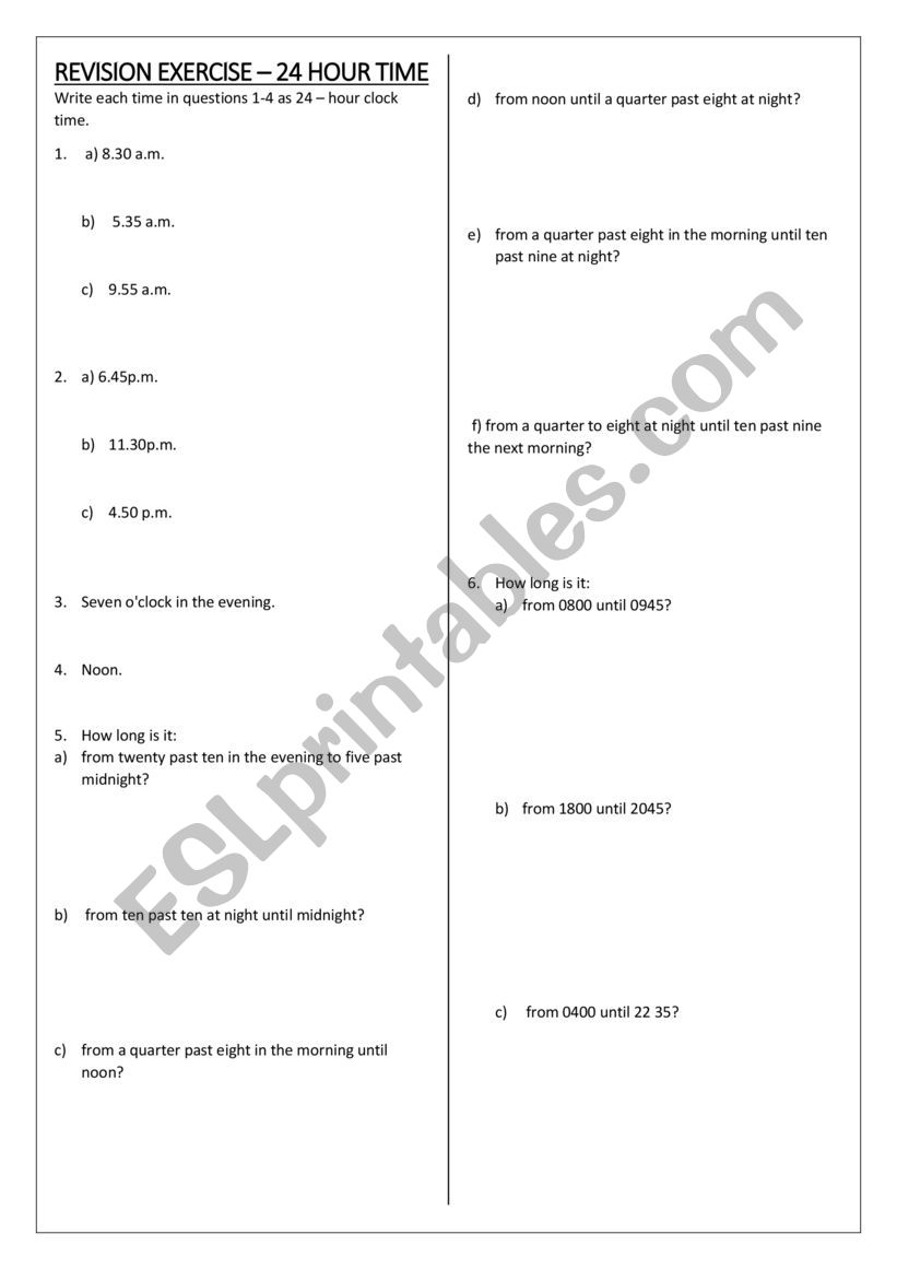24 hour time worksheet