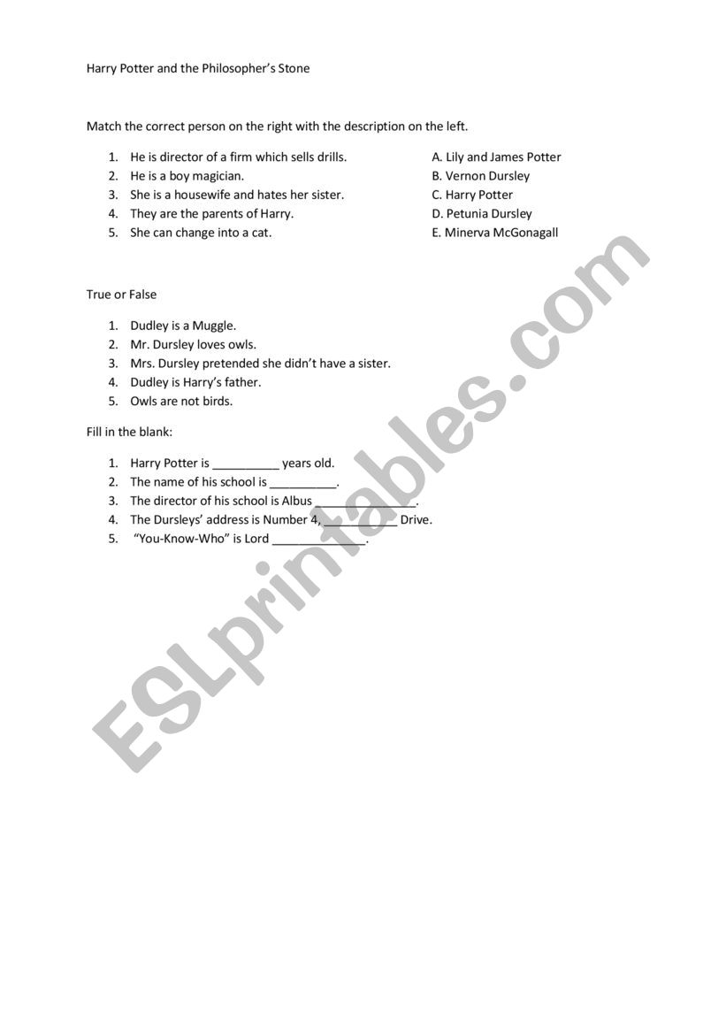 Harry Potter and the Philosopherâ€™s Stone Chapter 1 Quiz