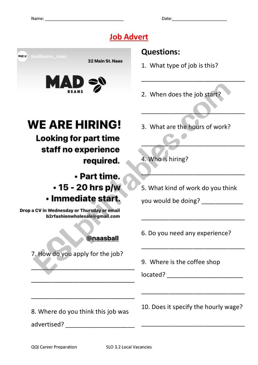 Job Advert worksheet