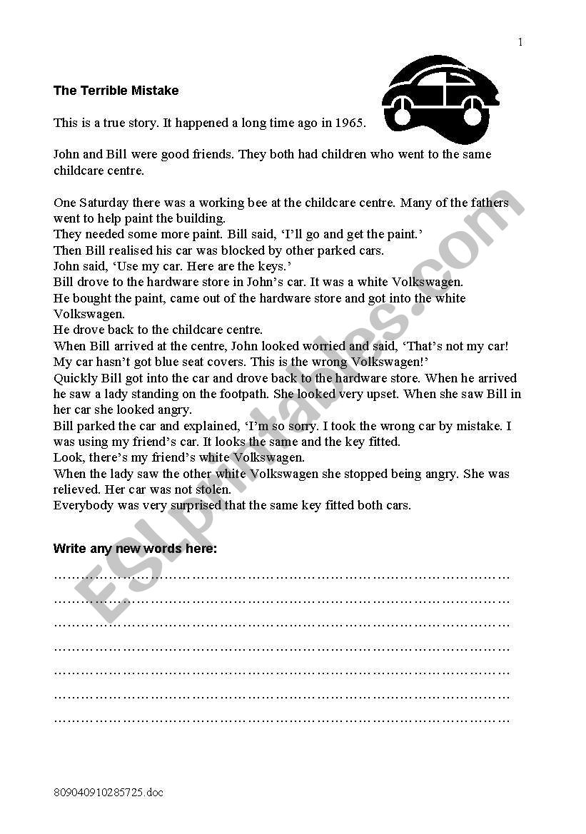 The Terrible Mistake worksheet