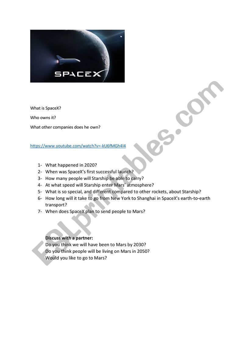 What is SpaceX ESL worksheet by andytefl