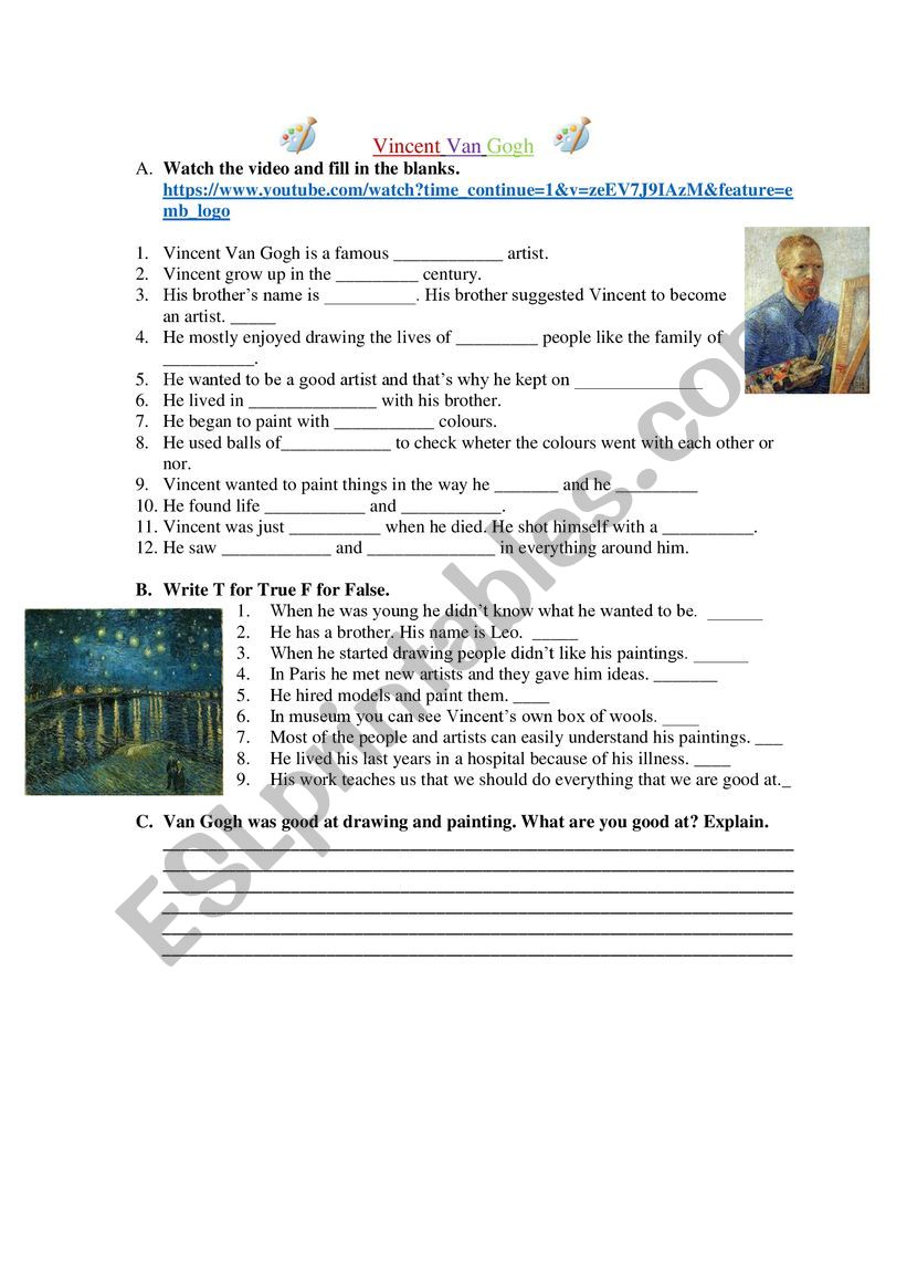 VAN GOGH VİDEO WORKSHEET worksheet