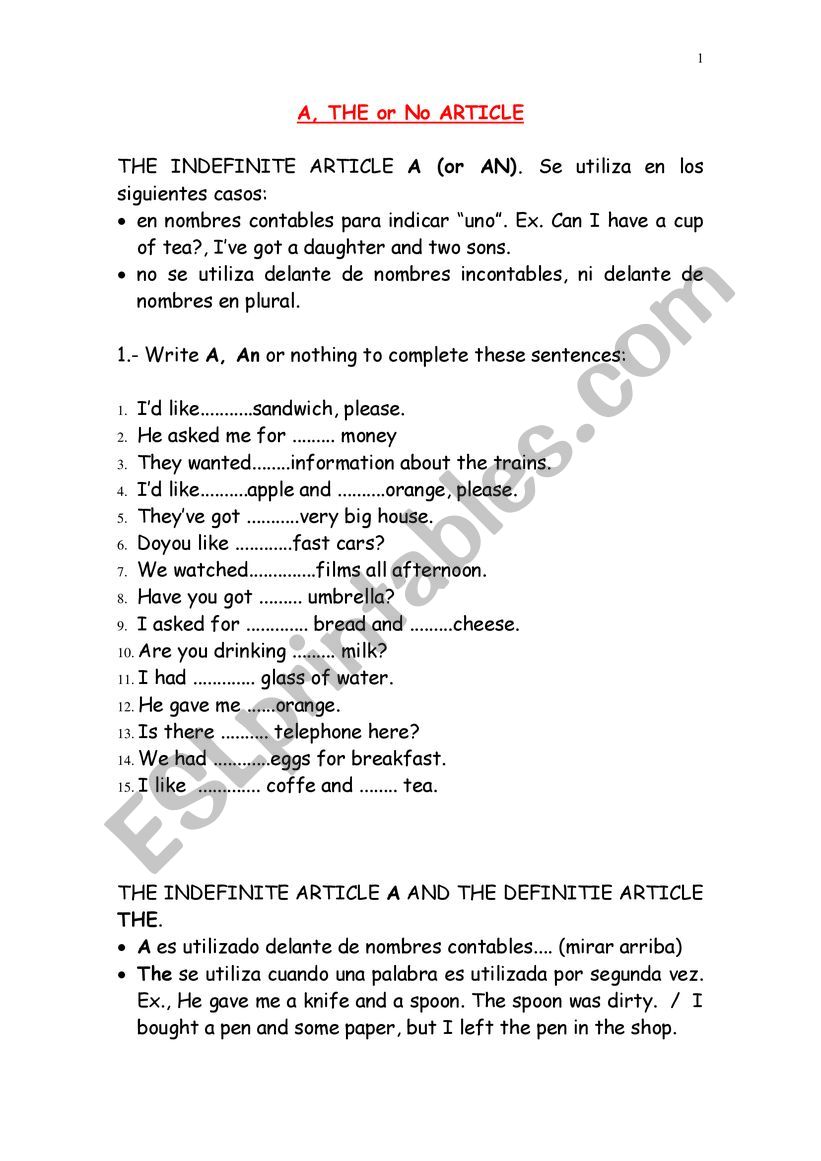 A - AN - NO ARTICLE worksheet