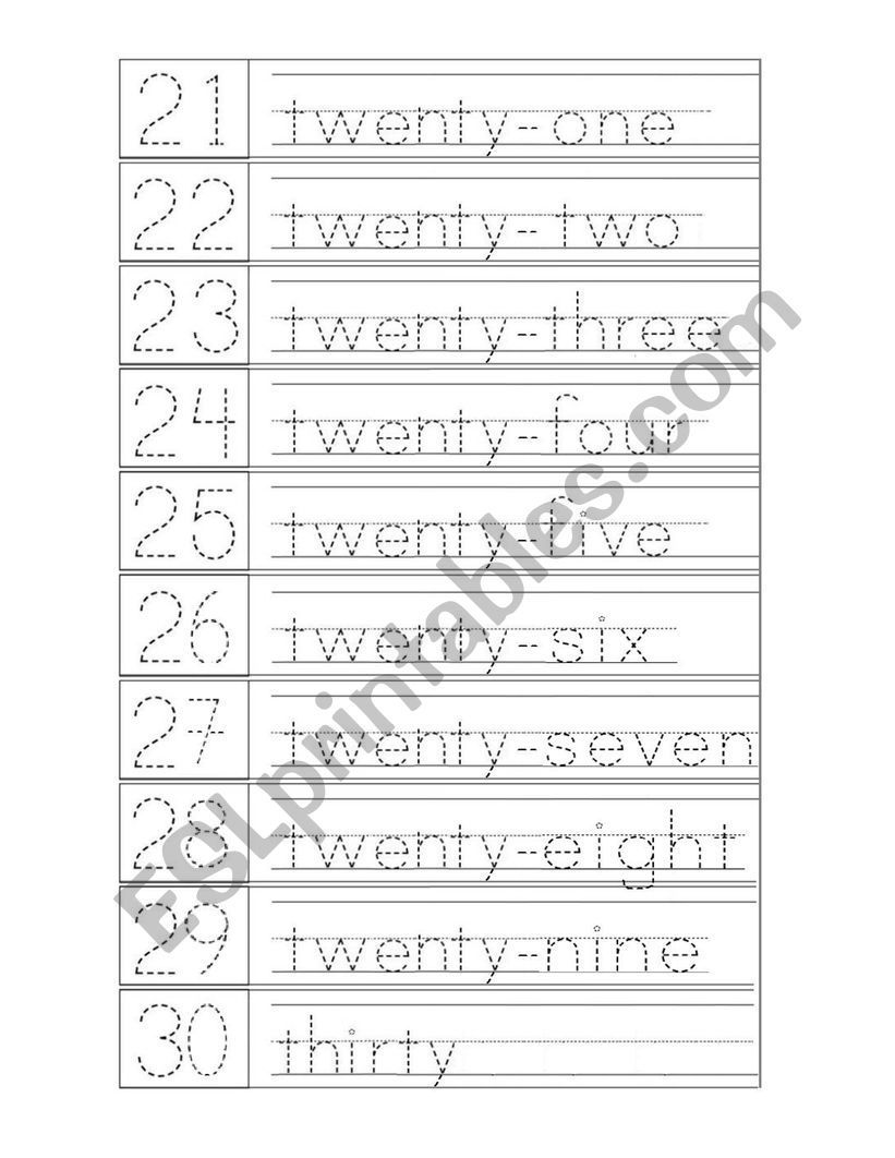 Trace Numbers from 21 to 30 worksheet