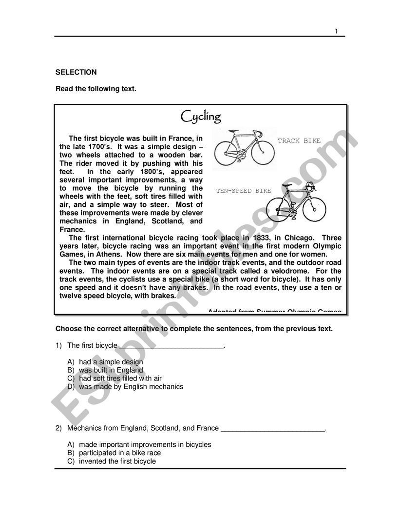 Sport Cycling  worksheet